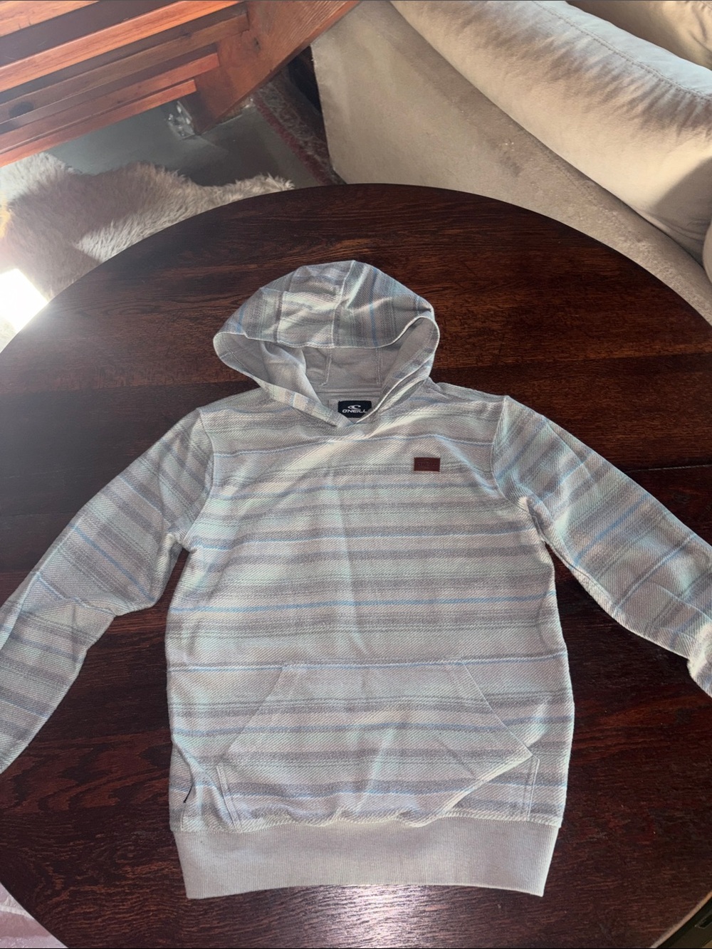 O'Neill Light Gray Hooded Stripe Pullover with Subtle Blue Accents